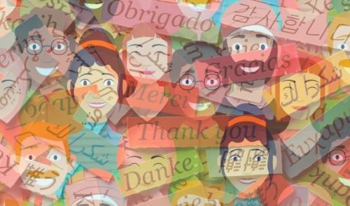 plusieurs visages symbolisant la diversité et "merci" écrit en plusieurs langues